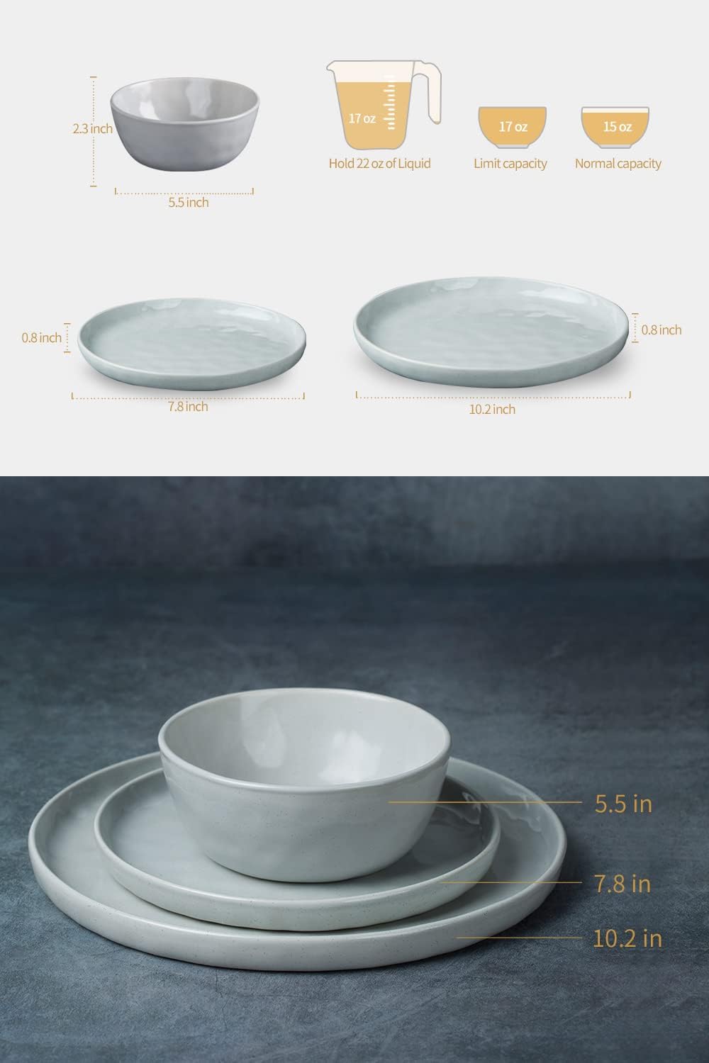 Famiware Mars Plates and Bowls Set, 24 Pieces Dinnerware Sets, Dishes Set for 8, Light Gray