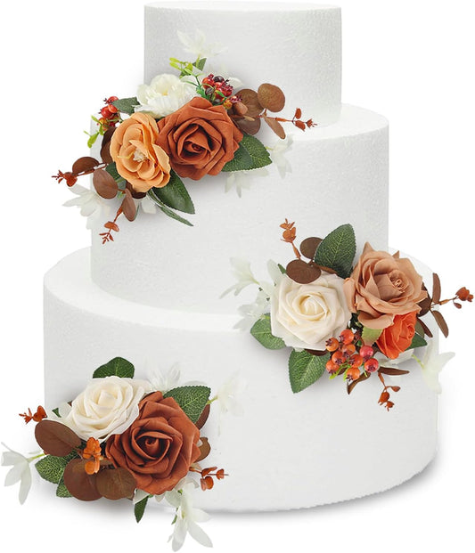 Rinlong 3Pcs Cake Topper Set Artificial Flowers for Cake Decor Burnt Orange Fall Wedding Cake Decorating Flowers for Baby Shower Birthday Party