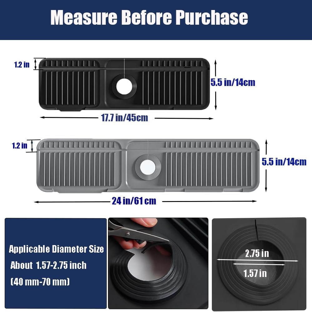 17.7" Silicone Faucet Mat for Kitchen Sink,Folding Sink Splash Guard Behind Faucet,Fasten Button & 6° Slope Design Faucet Drain Mat for Kitchen and Bathroom,Faucet Draining Mat(Black）