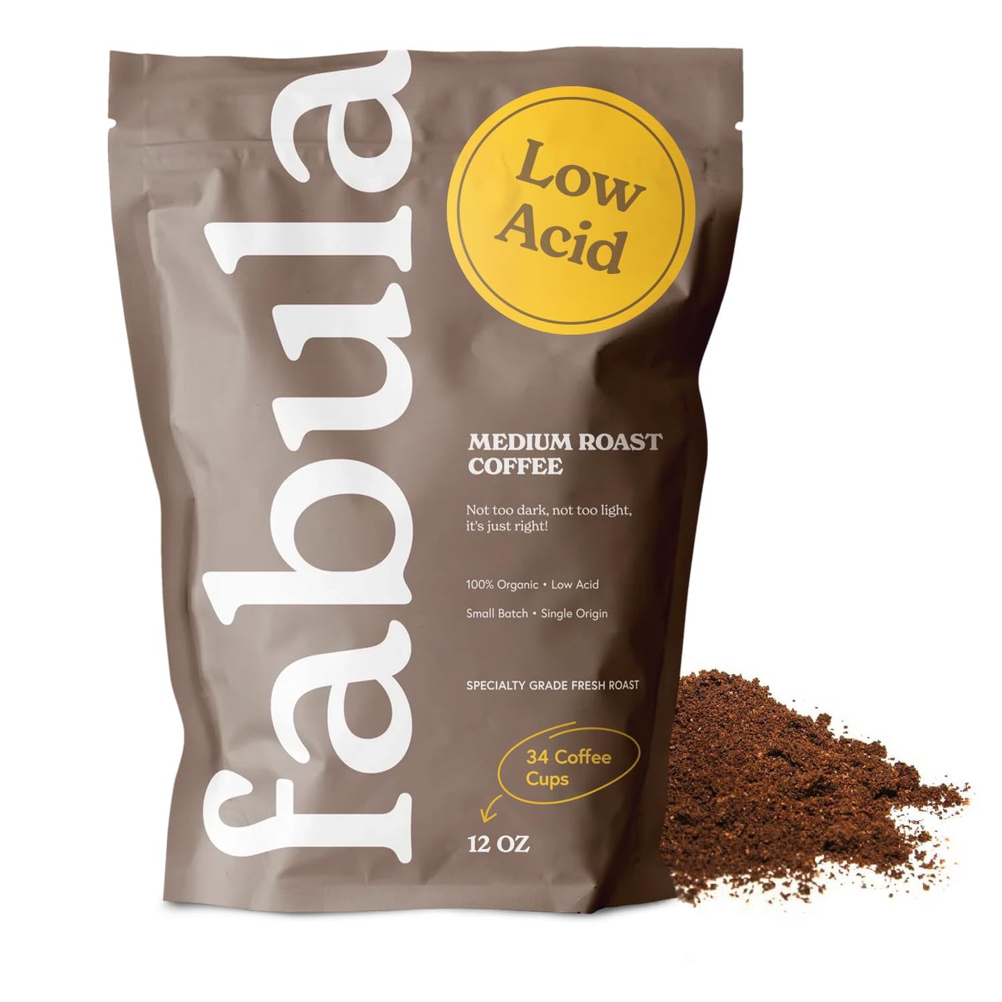 Fabula Low Acid Coffee, USDA Organic Ground Coffee Medium Roast - Non GMO - No Molds - Mycotoxins Pesticides Free - Single Origin Coffee - 12 oz