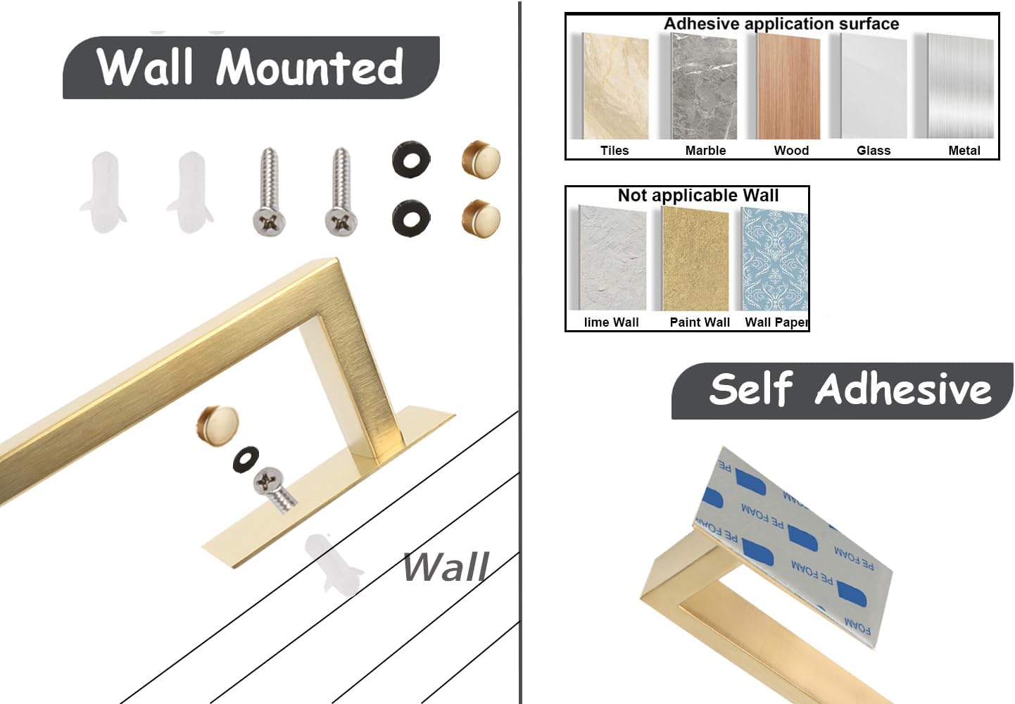 Bathroom Towel Bar Self Adhesive, No Drilling Towel Rack Easy to Install,Hand Towel Holder Made of Premium Stainless Steel Sticky on Hand Towel Hanger for Kitchen, Toilet.(16IN, Gold)