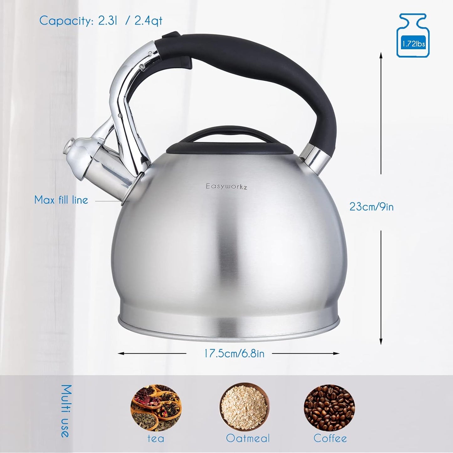 Easyworkz Whistling Stovetop Tea Kettle Food Grade Stainless Steel Hot Water Tea Pot With Loud Whistle, 2.4 Quart(2.3l)