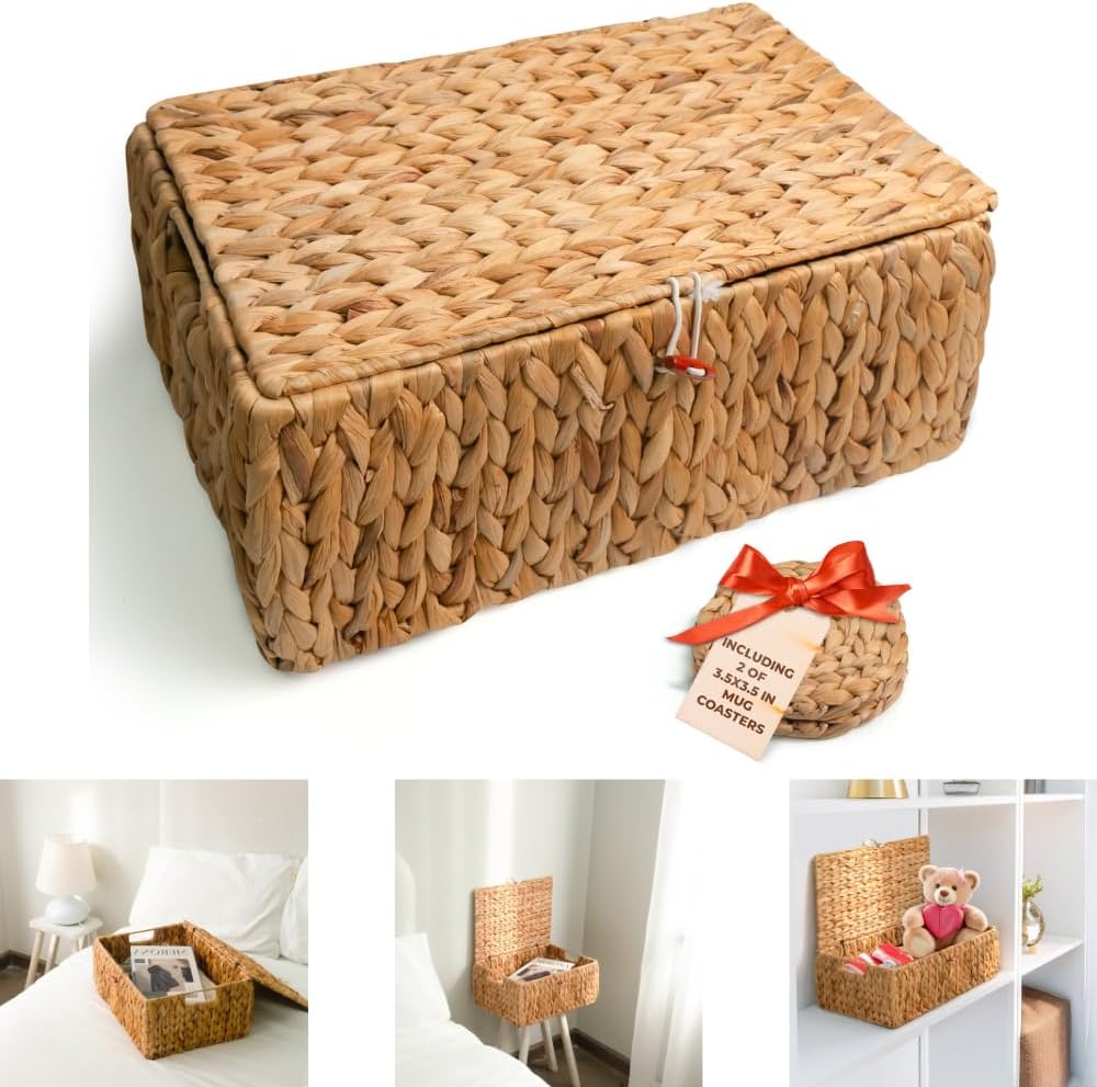 KOKODO Large Rectangular Water Hyacinth Wicker Storage Baskets with Lid, Handles and Built-in Metal Frame, Stylish and Durable Handwoven Bin Perfect for Space-saving Shelves and Room Organizing