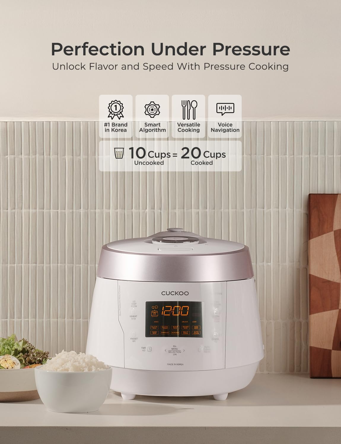 Cuckoo Heating Pressure Cooker & Warmer – 12 built-in programs, Glutinous (white), Mixed, Brown, GABA rice, and more, 10 cups