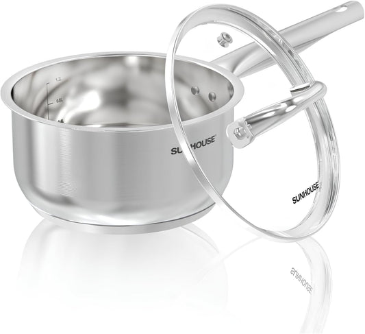 Sunhouse – 1.5 Quarts Stainless Steel Sauce Pan with Lid - PFOA-FREE, Stainless Steel Sauce Pan, Induction base, Stay-Cool Handle, Compatible with All Cooktops Gas, Geramic, Electric etc.