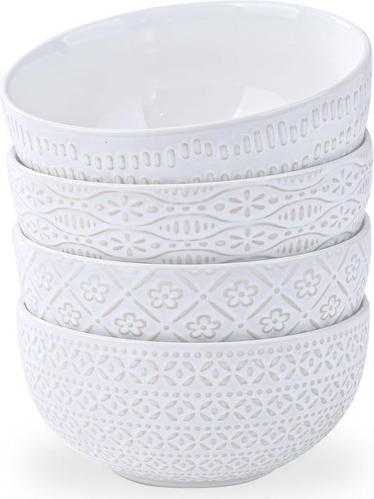 40 OZ Large Cereal Bowls Set of 4, Farmhouse Embossment Ceramic Salad Bowls for Soup, Serving, Fruit, Snack, Noodle, Ramen, Pho, Microwave & Dishwasher Safe, 6.7 Inch White