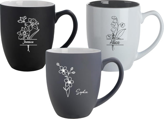 Personalized Coffee Mug, 16oz Engraved Ceramic Birth Flower Mug for Women With Custom Name & Text, Personalized Gifts for Birthday, Valentine, Christmas, Grandma, Wife, Mom, Friends