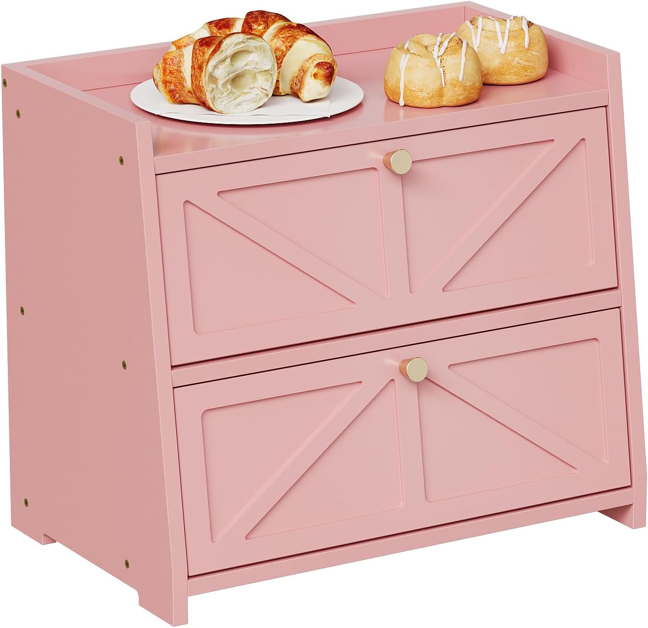 Vintage Double Layer Bread Box for Kitchen Counter Bamboo Bread Storage Container Large Capacity Bread Storage Bin (Pink)