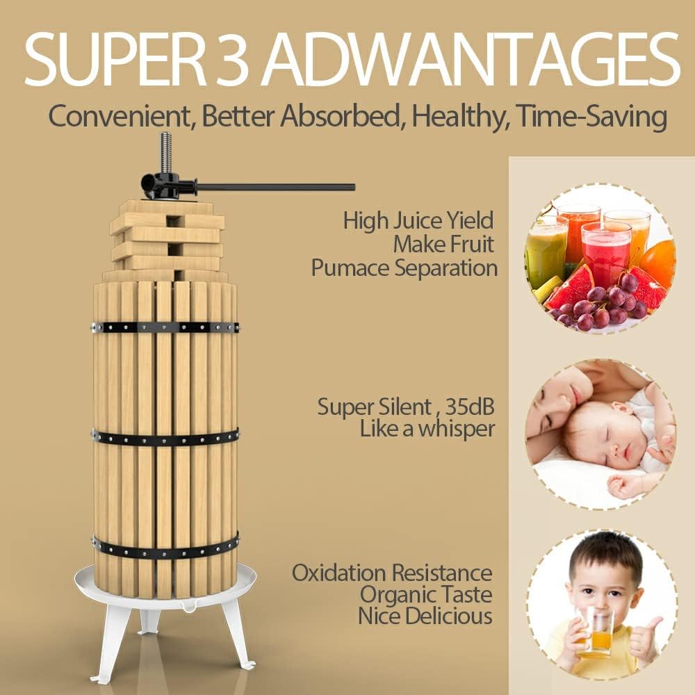 SQUEEZE master Fruit Press-7.9 Gallon/30L-Solid Wood Basket Wine Press-Vintage traditional juicer-6 Press Wooden Blocks-Pole Handle Bar for Juice,Wine,Cider-1 free filter bag included