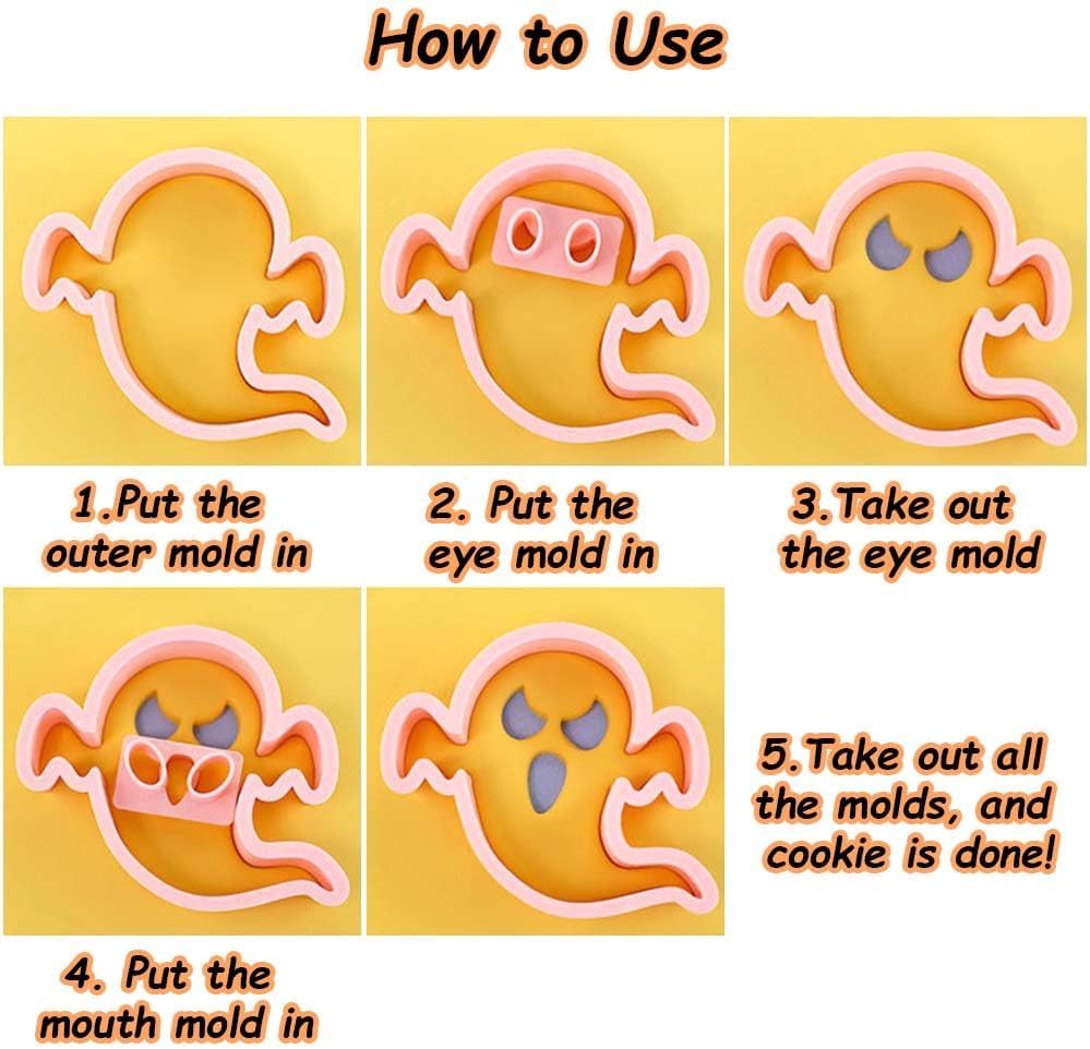 Mini Ghost Cookie Cutters, DIY 3d Halloween Raised Design Cookie Stamps, Cookie Cutter Set suitable for Frosting Decoration, Mini Gingerbread Pie Molds, Day of The Dead Decorations (Ghost)