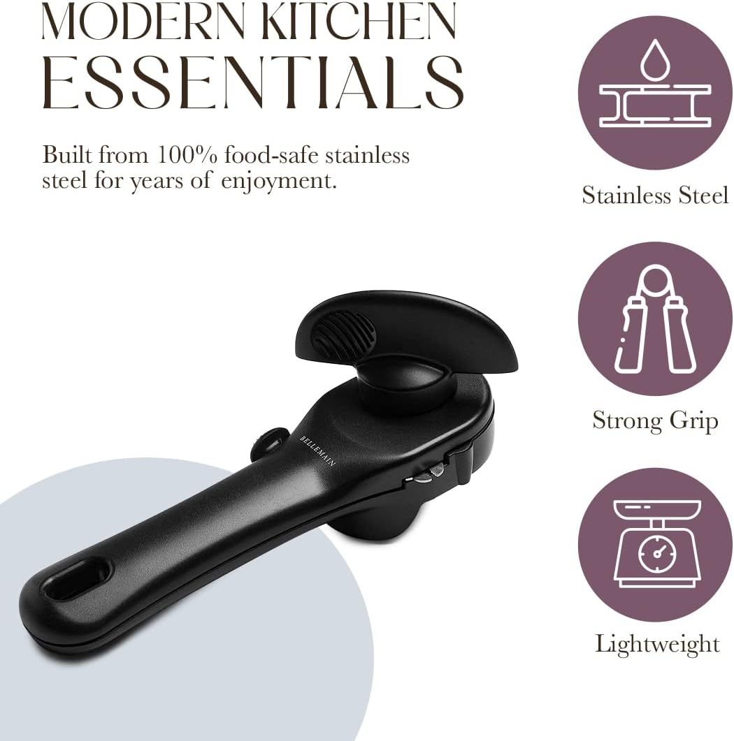 Bellemain Stainless Steel Can Opener – Manual Can Opener For seniors - Ergonomic Smooth edge Can Opener Hand Held Heavy Duty – Easy to use can opener safe cut