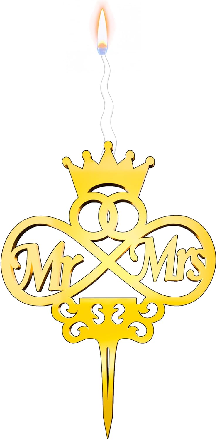 Mr and Mrs Reusable Gold Romantic Cake Candle - Luxury Cake Topper Candle for Birthdays, Weddings & Anniversaries - Reusable Food Safe Acrylic, Shiny Mirror Finish - Happy Birthday Cake Topper Decor