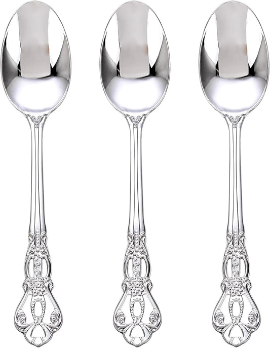 75PCS Silver Plastic Spoons - Silver Spoons Disposable - 8.1 Inch Heavy Duty Plastic Silverware - Heavyweight Elegant Disposable Utensils for Catering, Parties, Dinners, Weddings