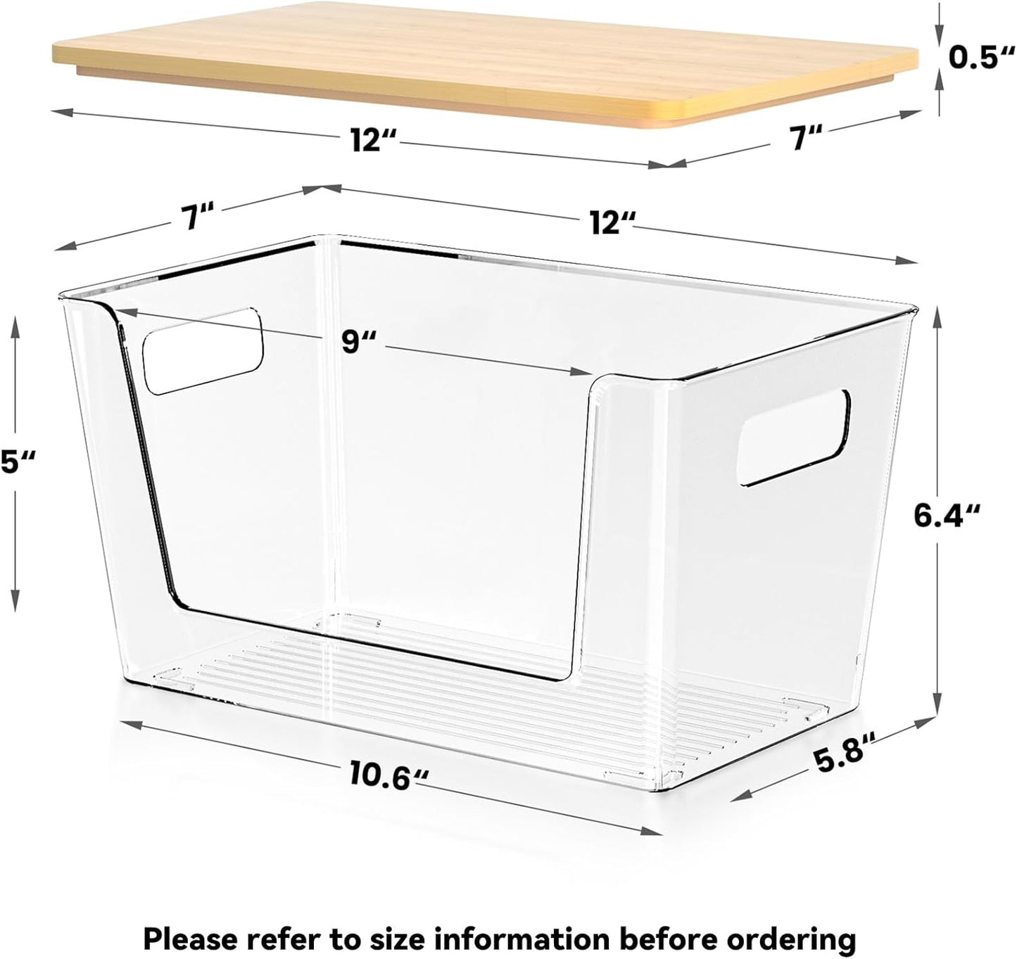 6 Pack Clear Stackable Storage Bins with Bamboo Lids, Plastic Storage Containers with Handle for Pantry, Bathroom, Kitchen, Closet, Cabinet, Fridge Organizer and Storage