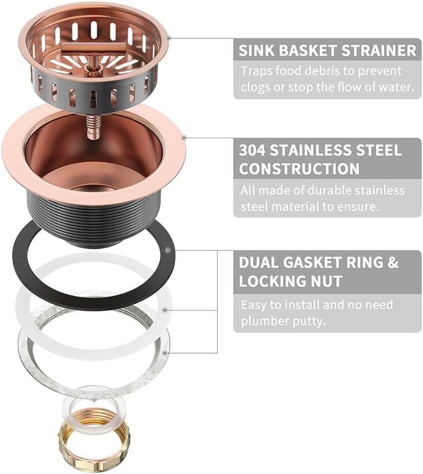 KONE Copper Sink Drain 3.5 Inch Kitchen Sink Drain Assembly Stainless Steel Sink Strainer Sink Stopper Antique Copper Basket Strainer for 3-1/2 Inch Commercial Kitchen Sink