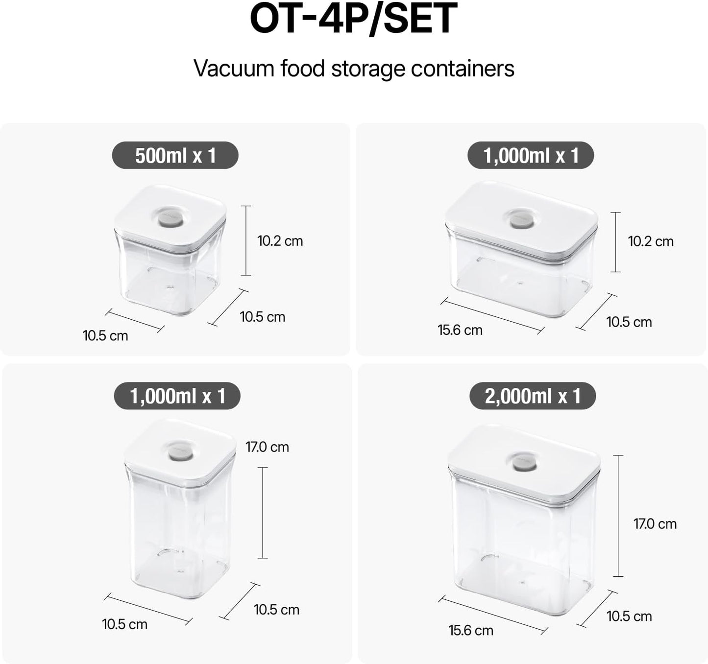 Premium Airtight Food Storage Containers 4-piece/Set, BPA Free, 100% Leak Proof, Keep food fresh up to 5 times longer than non-vacuum storage