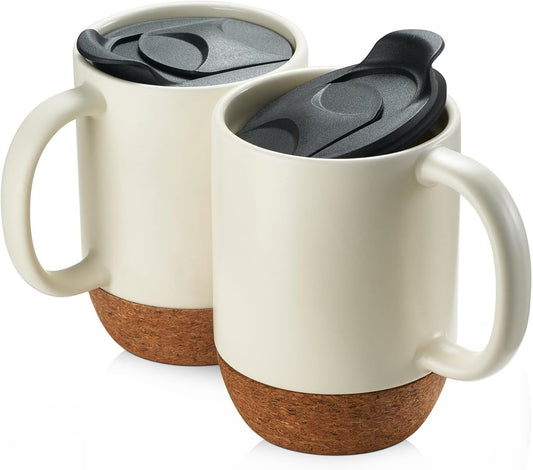 DOWAN Coffee Mugs Set of 2, 15 OZ Ceramic Mug with Cork Bottom and Splash Proof Lid, Large Coffee Cup with Handle for Tea Latte, Beige