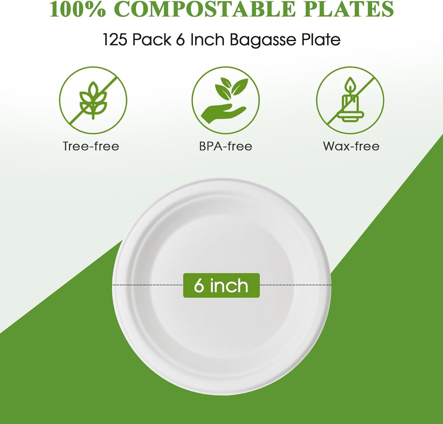 Vplus 125 Pack 6 inch Paper Plates 100% Compostable, Heavy-Duty Disposable Paper Plates Bagasse Natural Biodegradable Eco-Friendly Sugarcane（White）