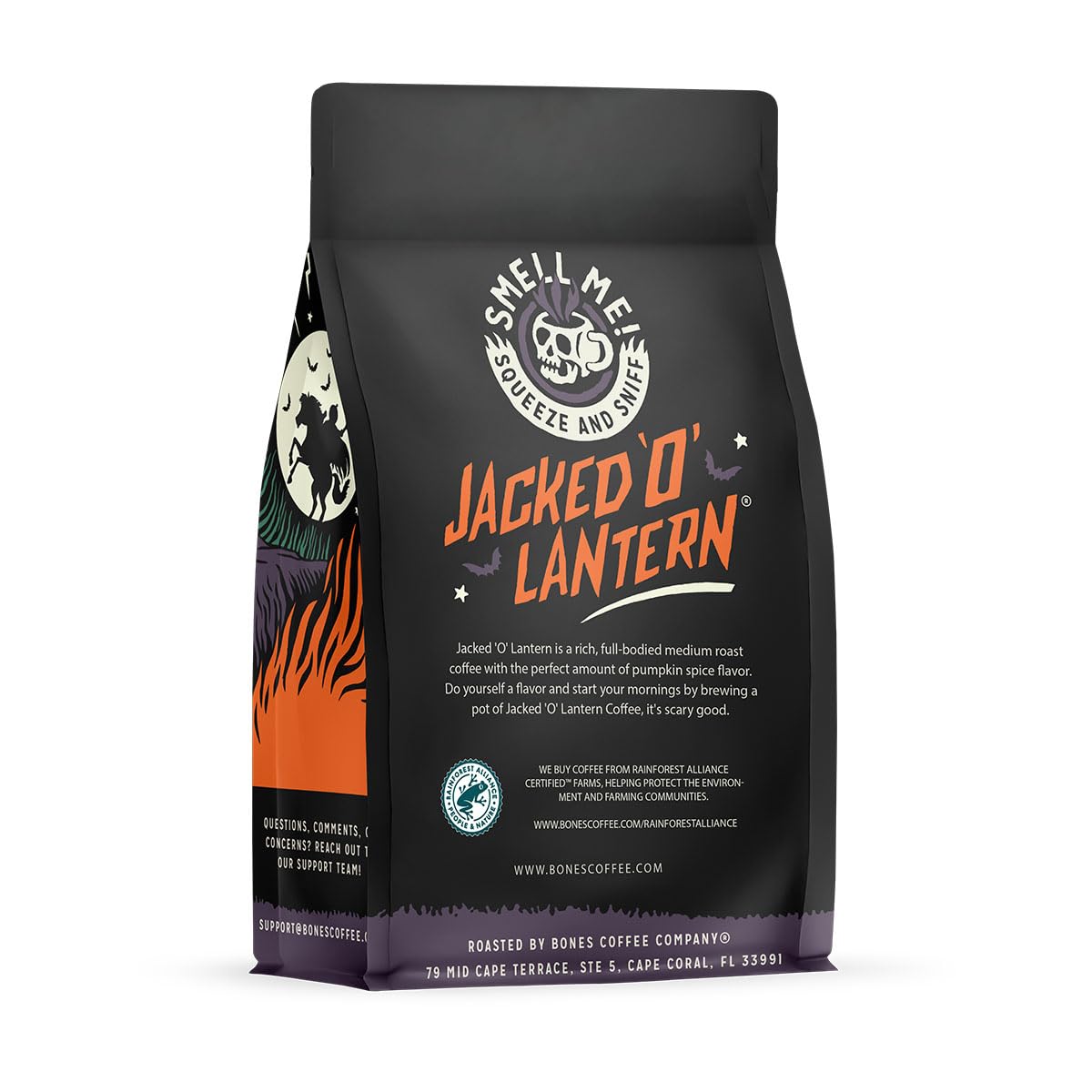 Bones Coffee Company Jacked 'O' Lantern, Pumpkin Spice Flavored Coffee, Medium Roast Low Acid Arabica Beans Compatible with Auto drip and French Press Coffee Maker, 12 Oz Ground
