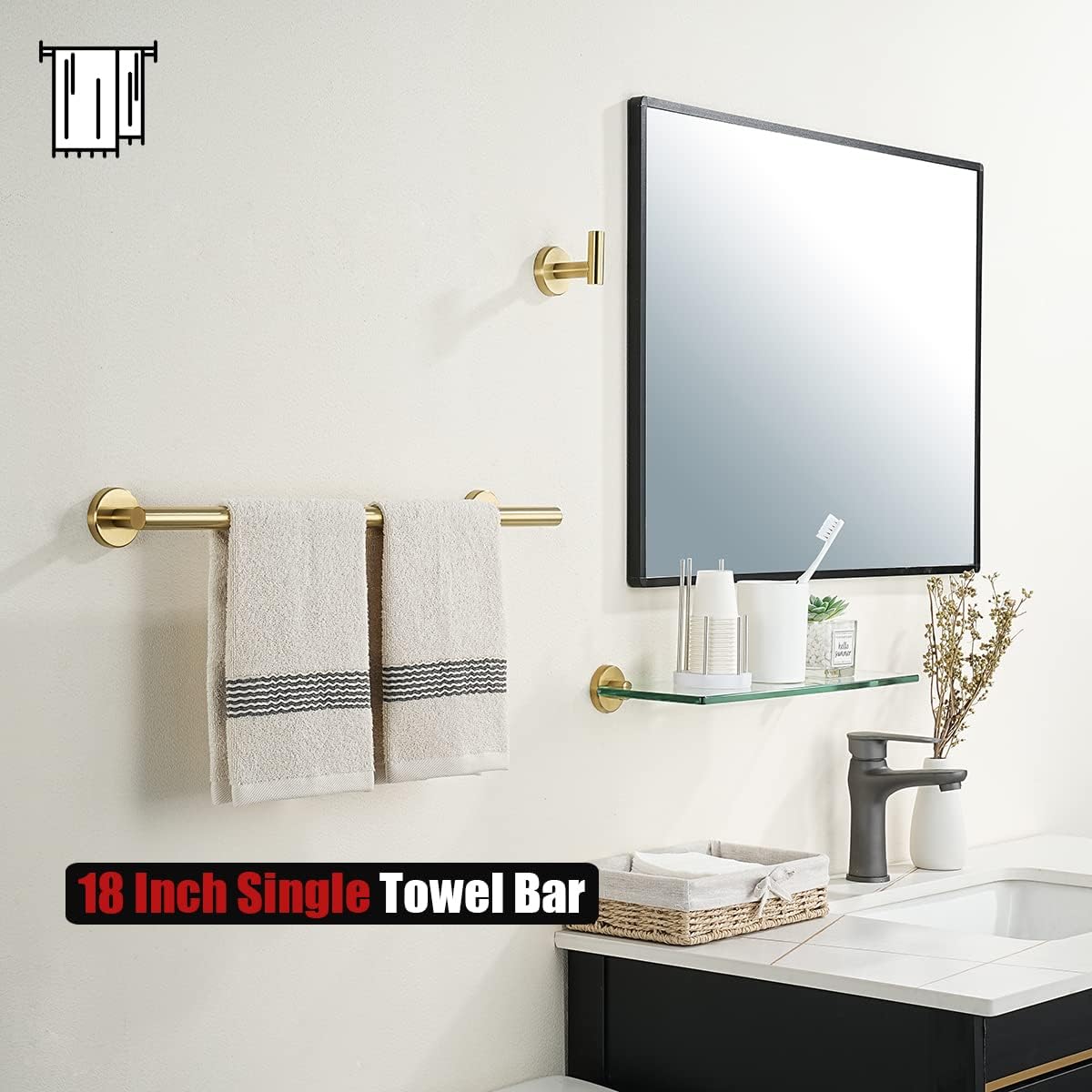 JQK Towel Bar Brushed Gold, 20.5 Inch 304 Stainless Steel Thicken 0.8mm Towel Rack Bathroom, Towel Holder Wall Mount, Useable Length 18 Inch 2 Pack, TB110L18-BG-P2