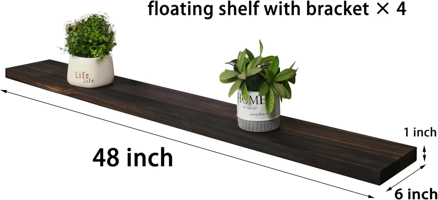 Wood Floating Shelves for Wall, Wooden Wall Shelves for Bedroom, Wall Mounted Shelves for Living Room, Set of 4 Brown 48 Inch