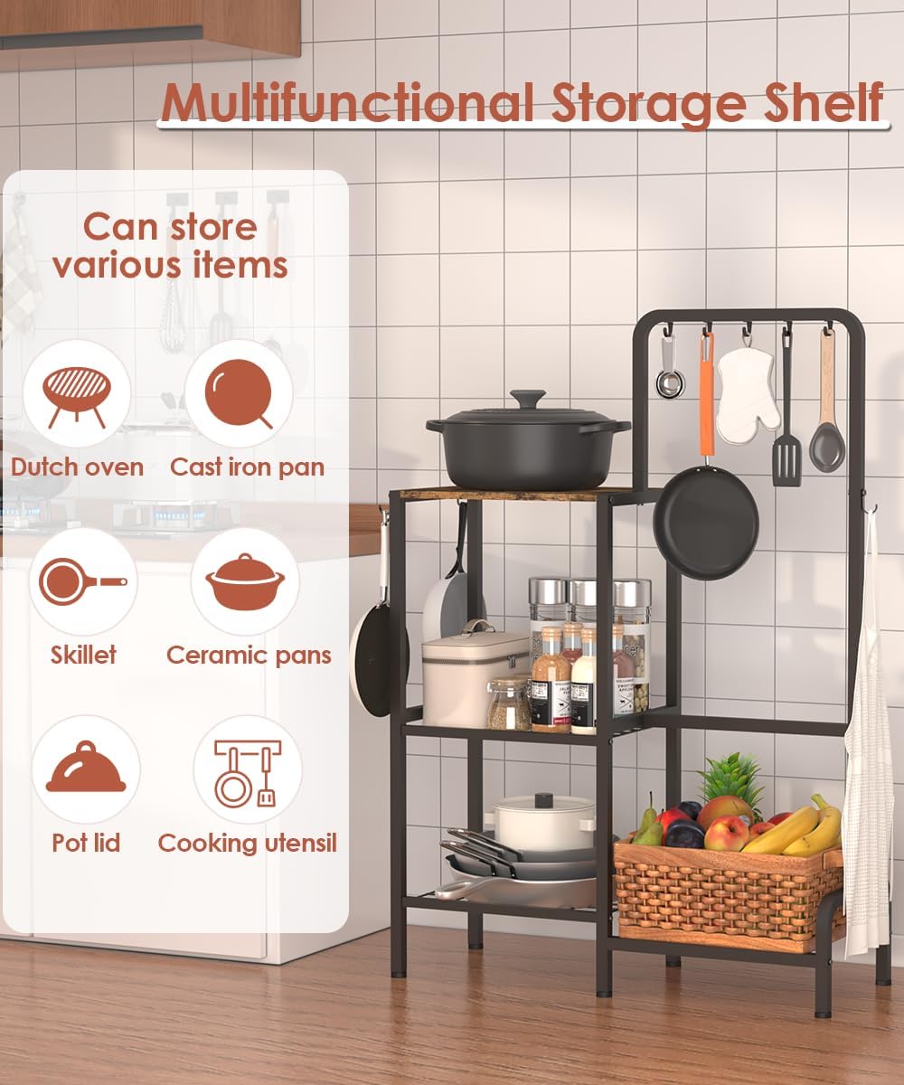 Mocomax 3-Tier Pot and Pan Organizer Rack, Free Standing Cookware Storage Stand, Multifunctional Metal Corner Shelf Holds 50LB, Pan Pot Lid Tower Holder with 8 Hooks for Kitchen Pantry and Home, Black