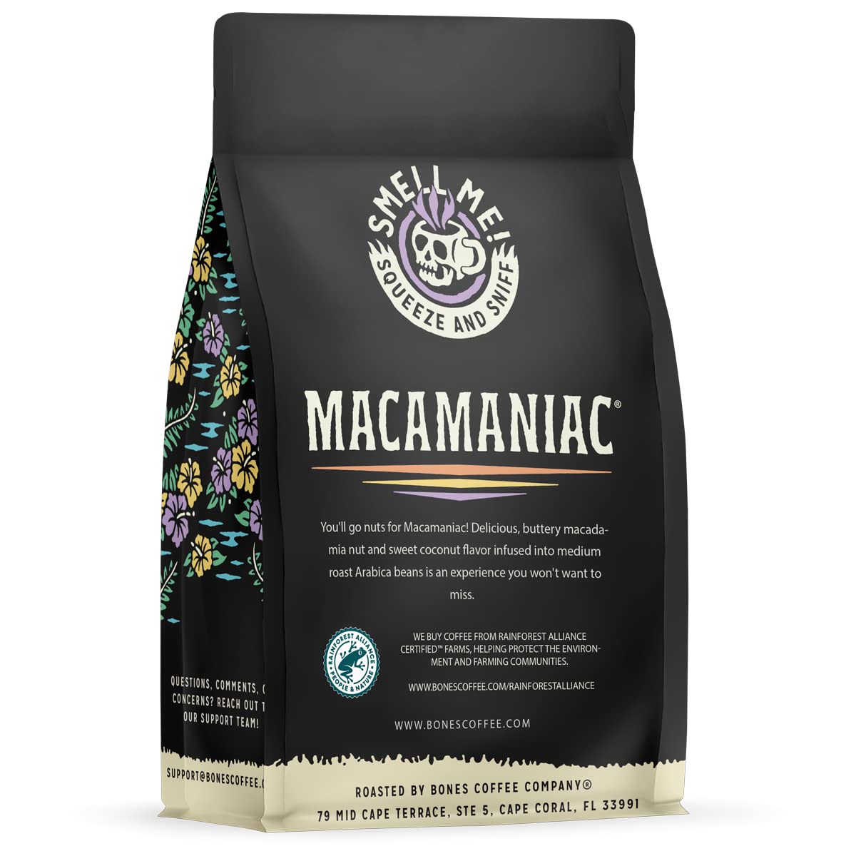 Bones Coffee Company Macamaniac, Macadamia and Coconut Flavored Coffee, Medium Roast Low Acid Arabica Beans Compatible with Auto drip and French Press Coffee Maker, 12 Oz Whole Bean