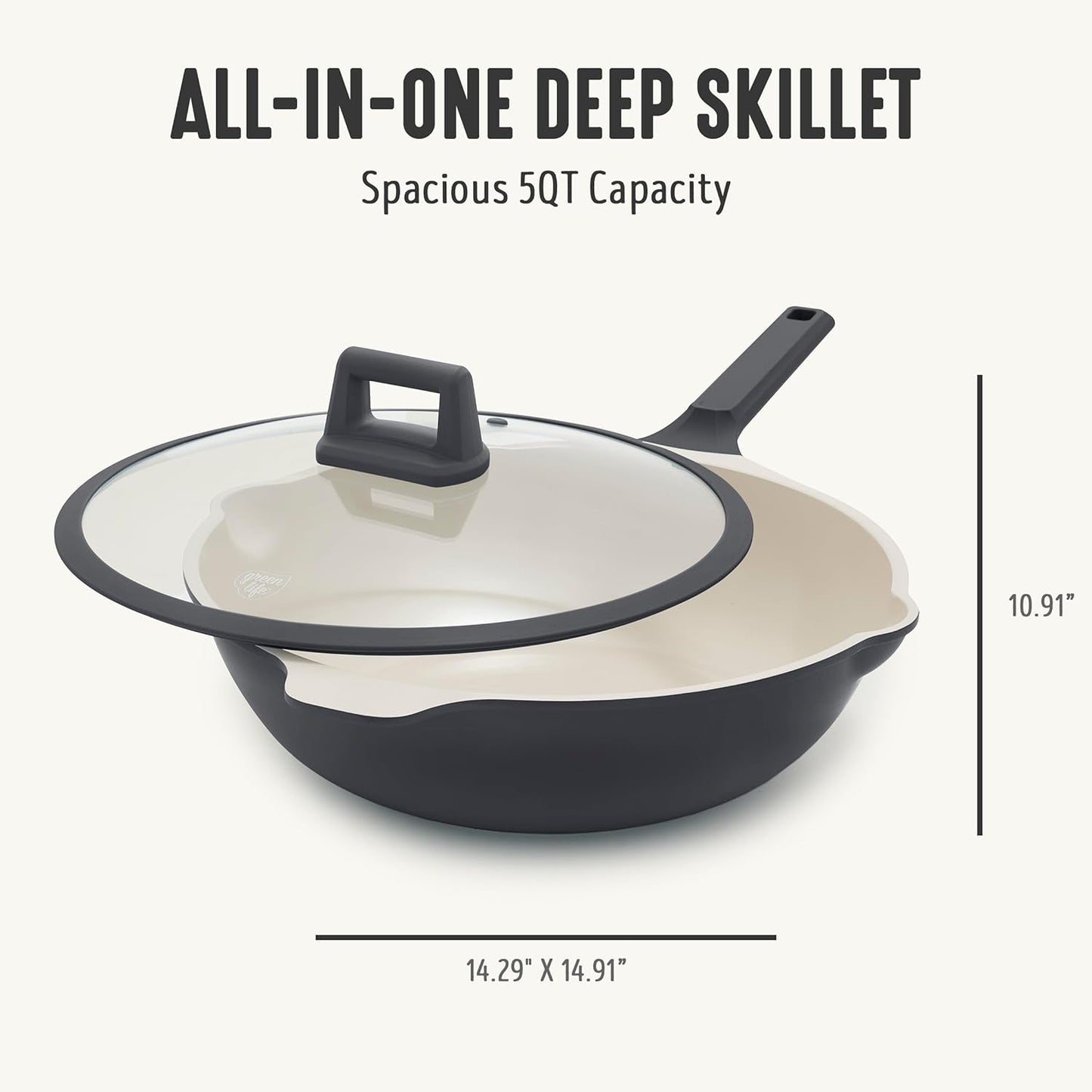 GreenLife Nonstick 12” (5QT) All in One Deep Skillet Wok with Lid, PFAS-Free Non-Toxic Ceramic Multi-Purpose Pan, Induction, All Stovetop, Egg, Stir Fry, Saute, Stay Cool Handle, Graphite