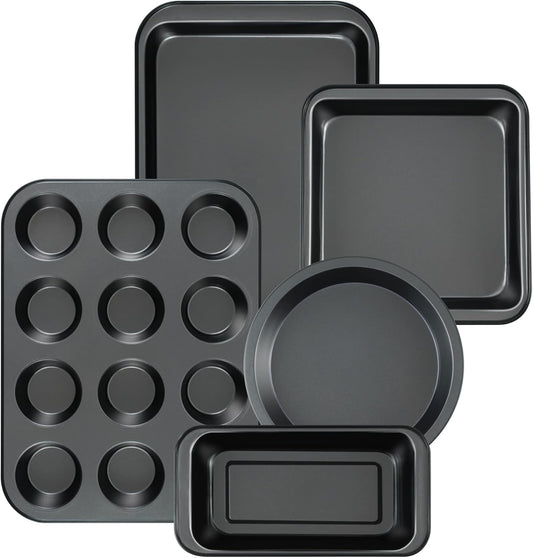 Kitchen 5-Piece Nonstick Bakeware Set - Round/Square Cake Pans, Muffin Pan, Loaf Pan, Roast Pan & Baking Sheets