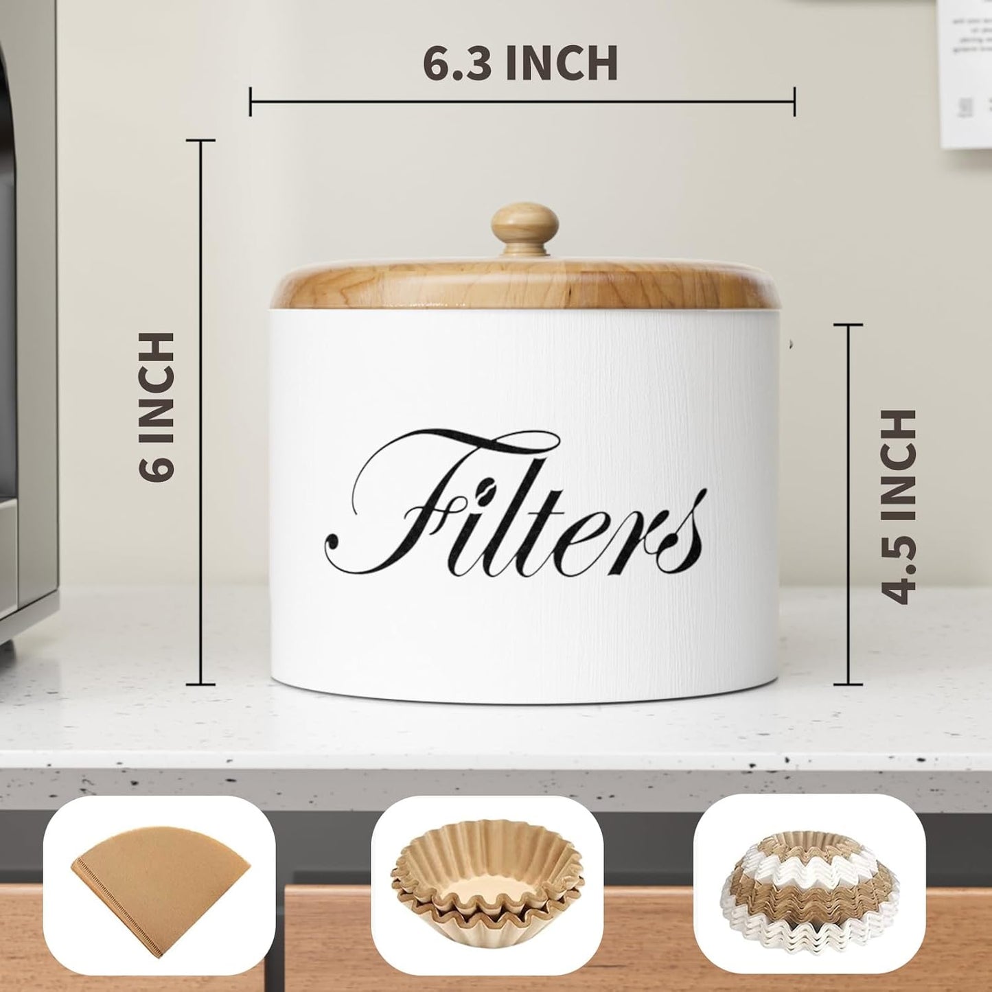 Coffee Filter Holder, Wooden Coffee Filter Storage with Lid, Round Coffee Filter Container for Counter, Rustic Farmhouse Coffee Bar Accessories Decor (White)