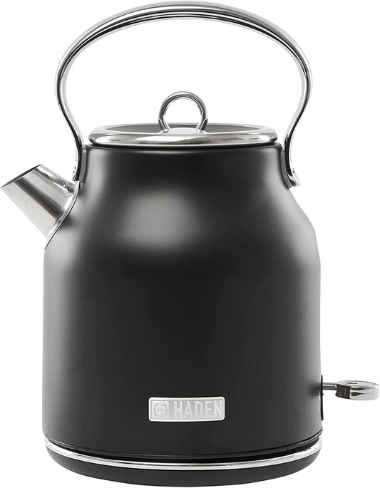 HADEN Heritage 1.7 Liter Stainless Steel Electric Kettle, Hot Water Kettle with 360-Degree Base and Auto Shutoff, Black & Chrome