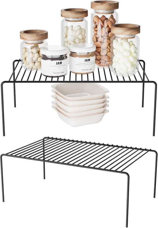 Medium(13 x 9.4 inch)Black Cabinet Storage Shelf Rack Set of 2, Rustproof Metal Wire Kitchen Counter Organizers and Storage, Spice Organization for Cabinet, Plate, Dish, Pantry, Bathroom, Fridge