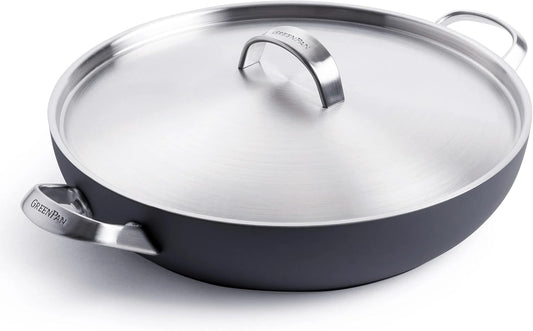 GreenPan Paris Pro Hard Anodized Healthy Ceramic Nonstick, 11" Everyday Frying Pan Skillet with 2 Handles and Stainless Steel Lid, PFAS-Free, Dishwasher Safe, Grey