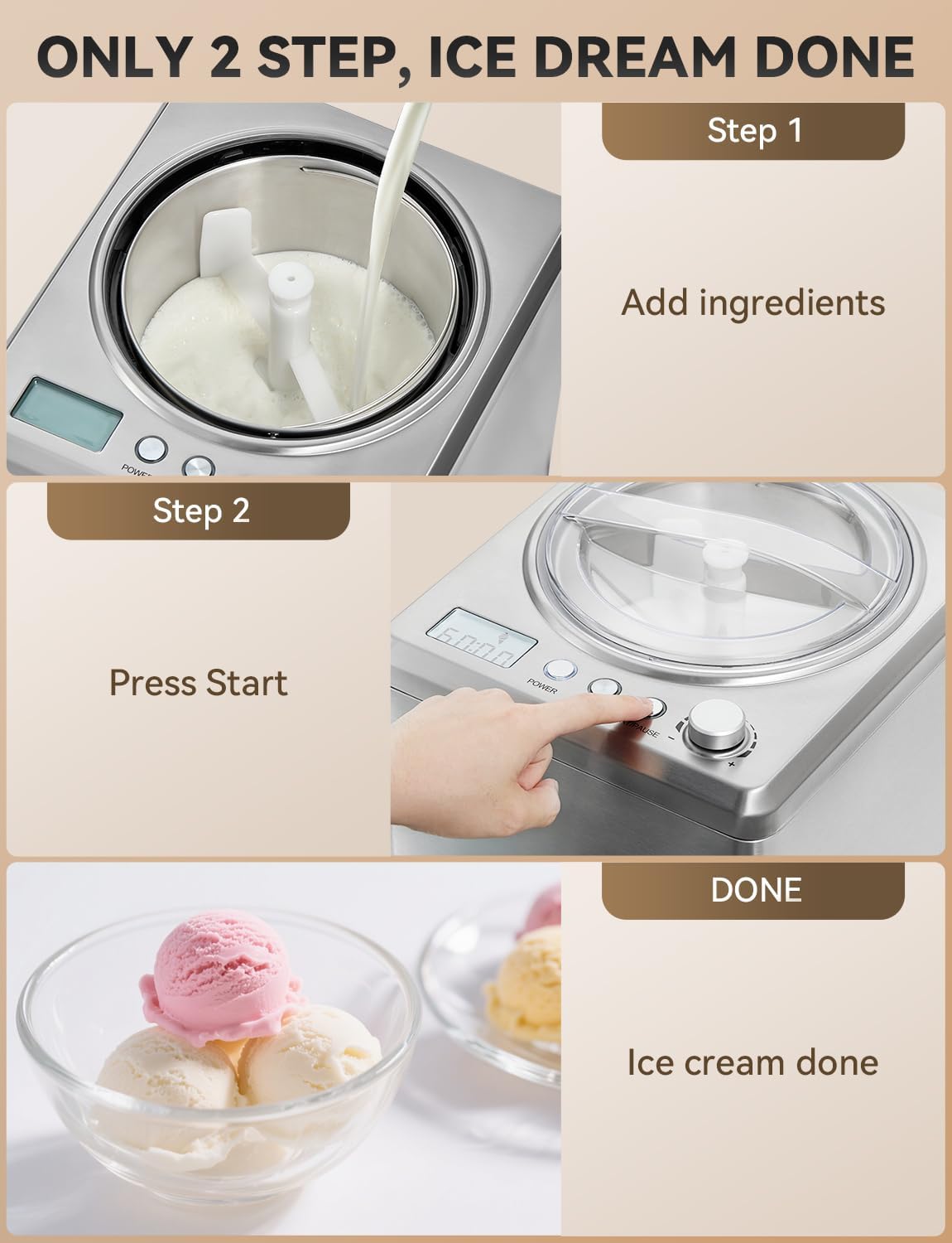 Ice Cream Maker 2.64 Qt, Largest Capacity & Fastest Freezing Ice Cream Machine with Built in Compressor Easy Operate & Clean Ice Cream Maker Machine All Stainless Steel, LCD Digital Display