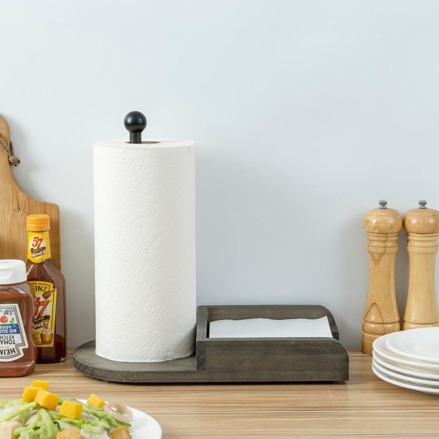 MyGift Vintage Weathered Gray Solid Wood and Black Metal Paper Towel Roll Holder and Napkin Dispenser Combination Storage Rack for Kitchen Counter or Dining Table