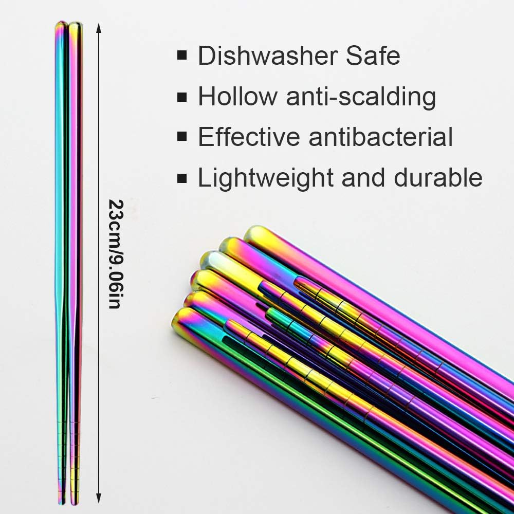 Stainless Steel Chopsticks Reusable Multicolor Lightweight 304 Metal Chopsticks Dishwasher Safe - 5 Pairs (Rainbow)