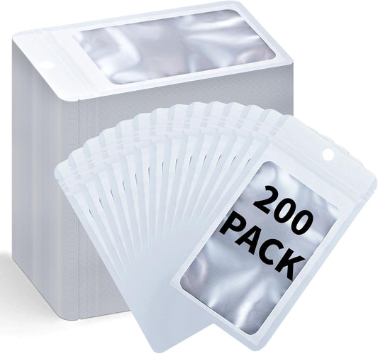 200 Pack Resealable Mylar Holographic Bags Food Storage Smell Proof Bags with Front Window Foil Packaging Pouch for Candy Sample Jewelry Small Business 4.72×7.87 Inch, White