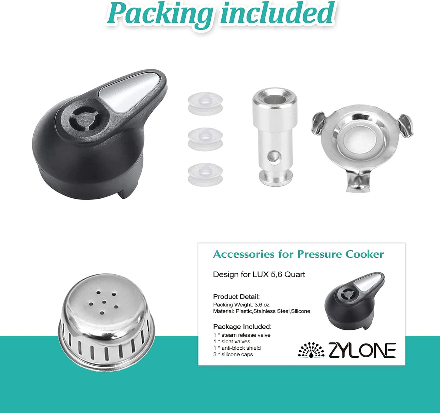 Steam Release Handle, Original Float Valve Replacement Parts with 3 Silicone Caps for Instant Pot LUX 5Qt, 6Qt,IP-LUX30, IP-LUX50, IP-LUX60 Pressure Cooker Steam Vale by ZYLONE