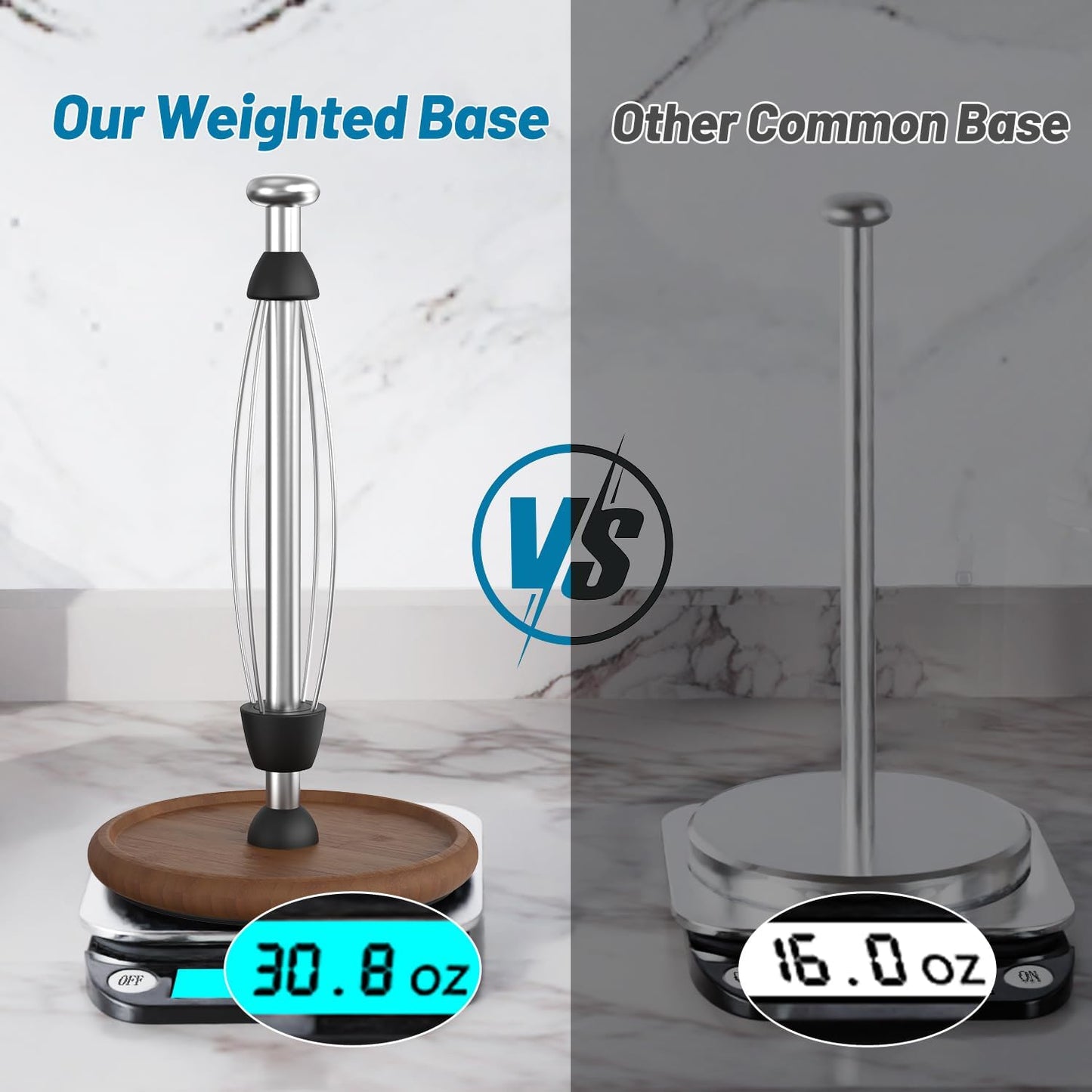 VEHHE Wooden Paper Towel Holder Countertop with Weighted Base, One-Handed Tear Paper Towel Holder Stand with Damping Function and EVA Non-Slip Pad, for Kitchen Bathroom Farmhouse