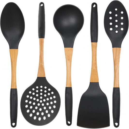 Beille 5pc Dark Grey Nylon Wooden Kitchen Utensils with Cooking Spoons, Soup Ladle, Skimmer Spoon and Spatula, 13 Inch