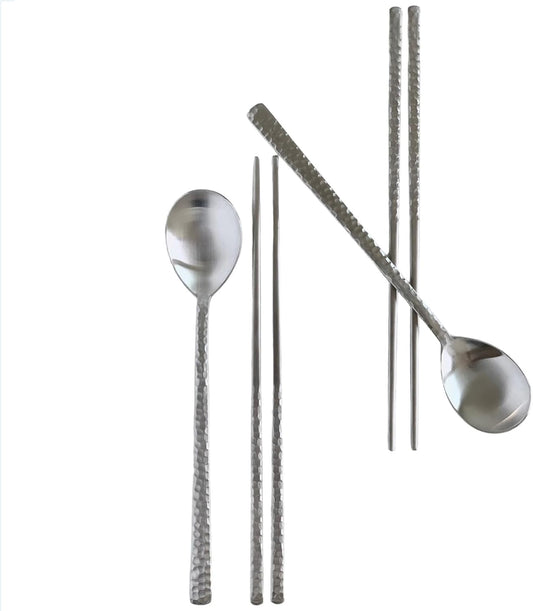 Korean Made Silver Glossy Hammered Stainless Steel Korean Spoon & Chopstick SET Stocking Stuffer Gift for Mom (2SET)