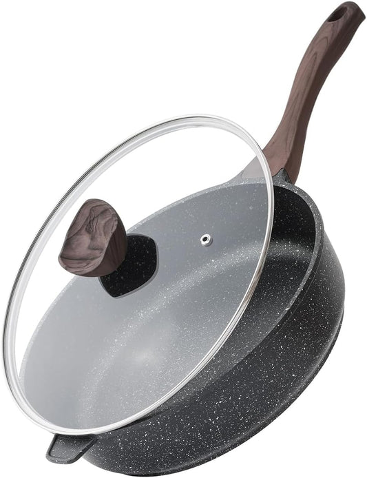 Nonstick Deep Frying Pan with Lid, 10 Inch Non Stick Skillet, Saute Pan for Cooking, Healthy Induction Cookware, PFOA Free