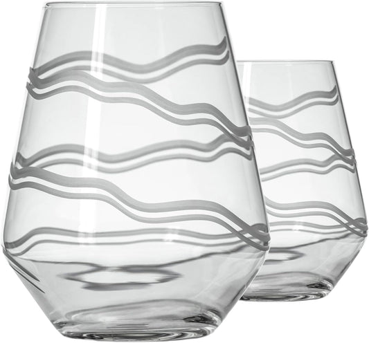 Rolf Glass Good Vibrations Stemless Wine Glass | 18oz Set of 2 | Lead-Free and Diamond-Wheel Engraved | Proudly Made in the USA | Etched Spiral Design