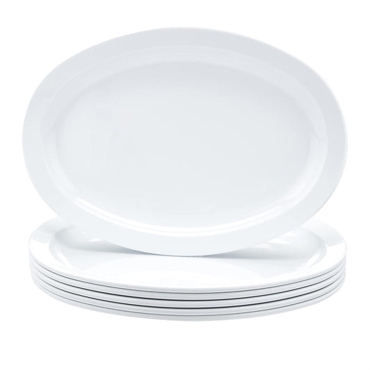 Amazon Basics Melamine (Plastic )Oval Platter Narrow Rim, 6 Piece Set, 13 in x 9.75 in, White (Previously AmazonCommercial brand)