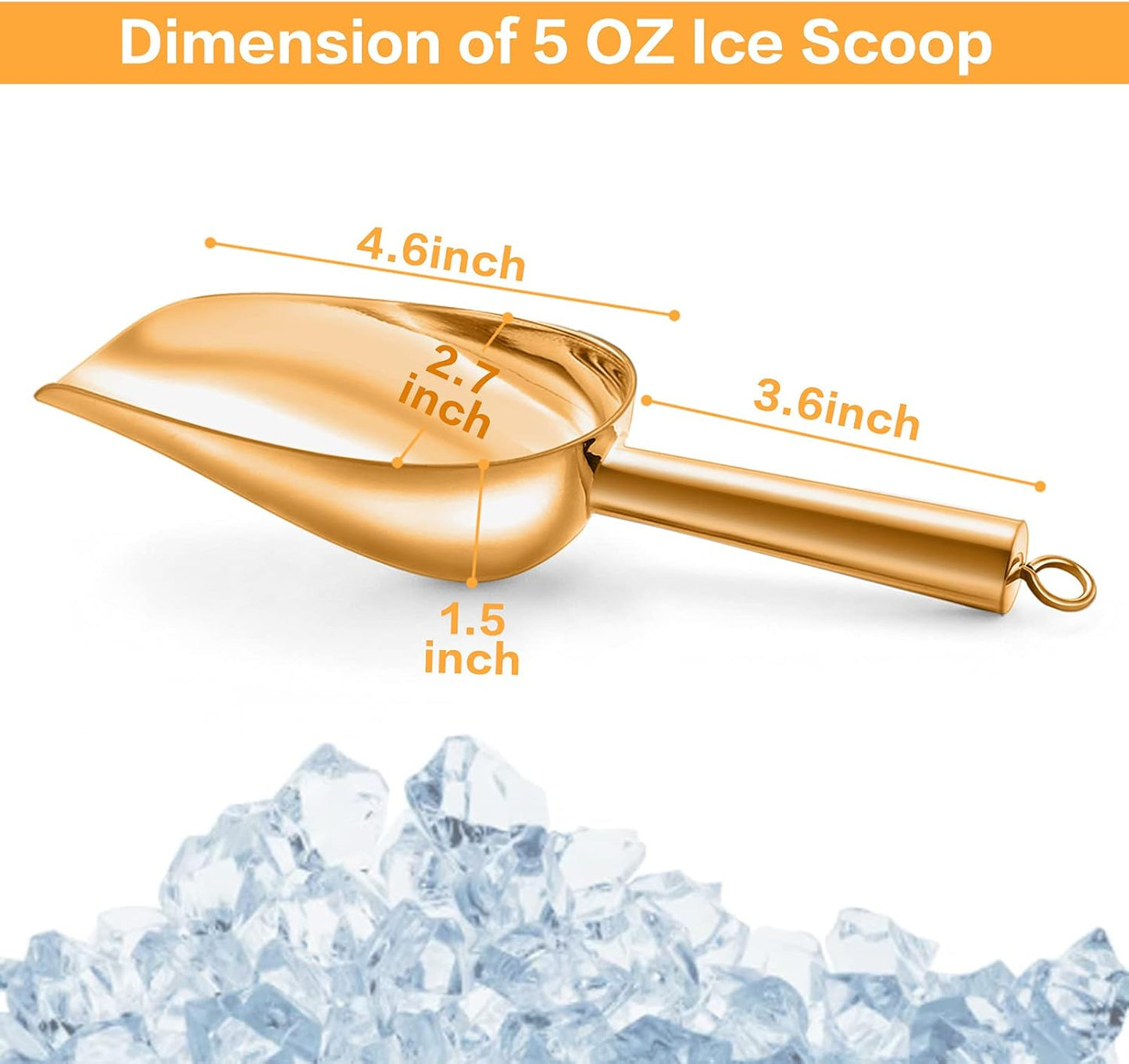 TeamFar 5oz Ice Scoop, Stainless Steel Food Scoop Metal Ice Scooper for Kitchen Bar Party Wedding, Heavy Duty & Sturdy, Easy Storage & Versatile, Mirror Finish & Smooth Edge, Gold