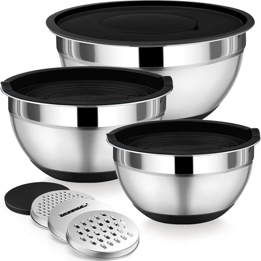 P&P CHEF Mixing Bowl with Lids Set of 3, Stainless Steel Nesting Salad Bowls for Serving Preparing, 3 Grater Attachments & Non-Slip Bottoms, Size 1.5/2.6/4.6 QT, Black