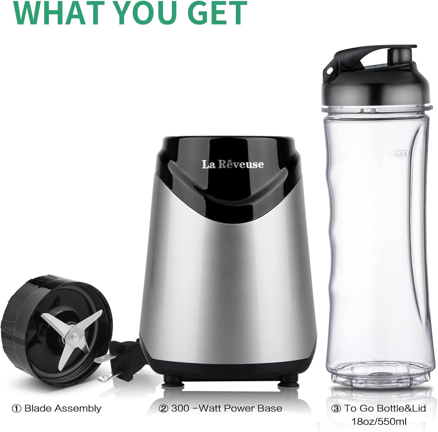 La Reveuse Smoothies Blender Personal Size 300 Watts with 18 oz BPA-Free Portable Travel Sports Bottle, Silver