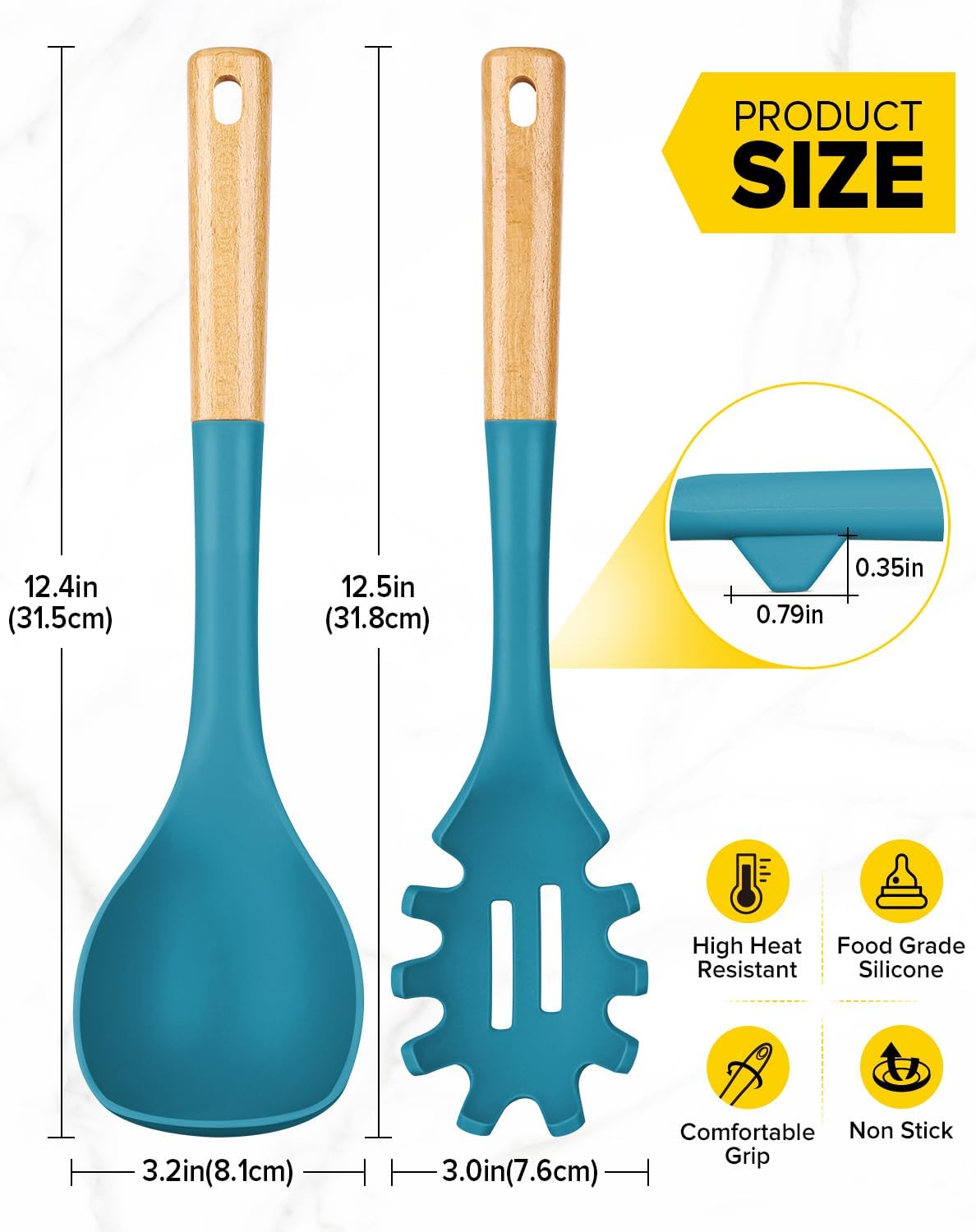 Silicone Soup Ladle and Spaghetti Spoon Set with Wooden Handle, Non Stick Heat Resistant Kitchen Utensils for Cooking, Stirring, Serving Pasta, Soup & Sauce(BLUE)
