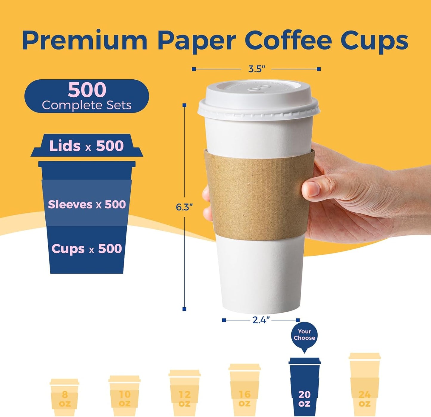 Fit Meal Prep 500 Pack 20 oz Disposable Coffee Cups with Lids, Sleeves, Leak-Proof To Go Coffee Cups with Lids, Durable Hot Paper Cups for Home, Office, Party, Business