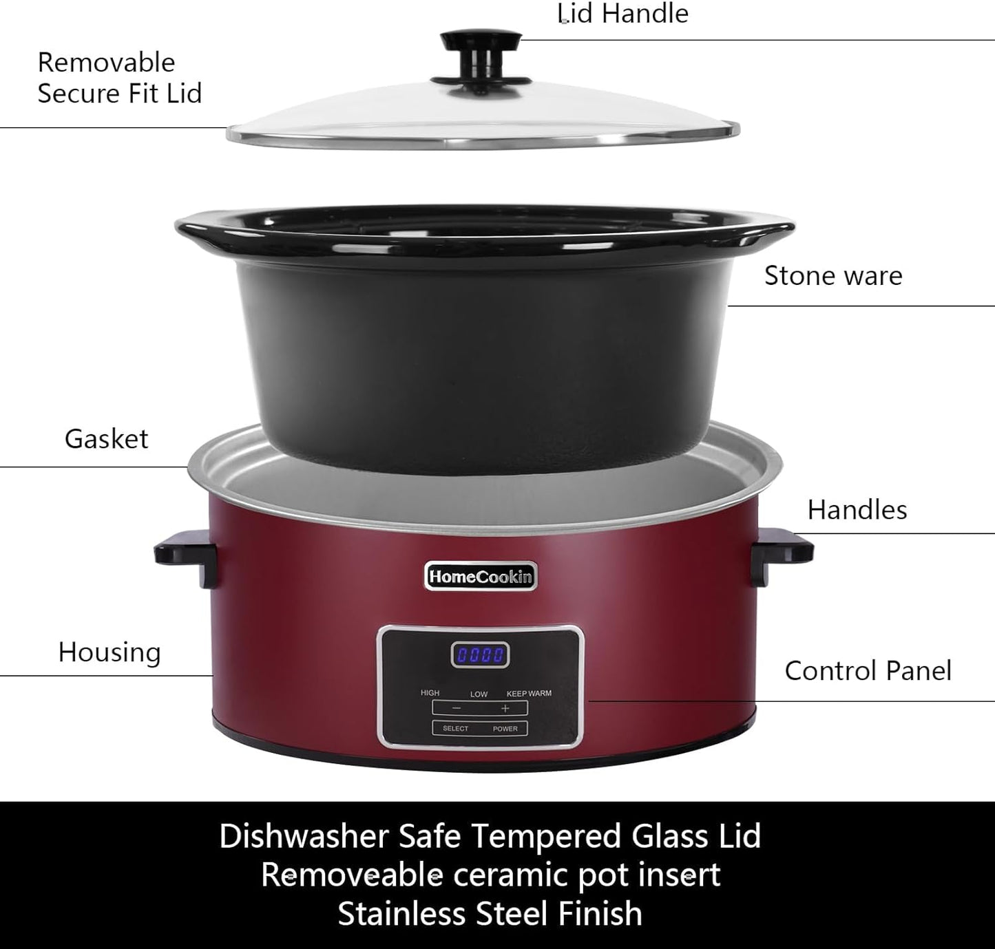 HOMECOOKIN 8 Quart Programmable Slow Cooker, Kitchen Appliances, Perfect Kitchen Small Appliance for Family Dinners, Red Stainless Steel